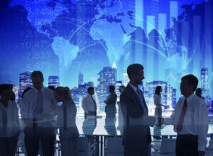 Business people on the meeting, blue map in background