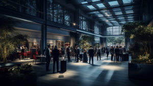 Warm, dark atmosphere of people in an exhibition