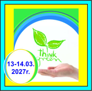 Dłoń z liściem i napisem think green, EXPO-INSTAL w Gliwicach 13-14.03.2027